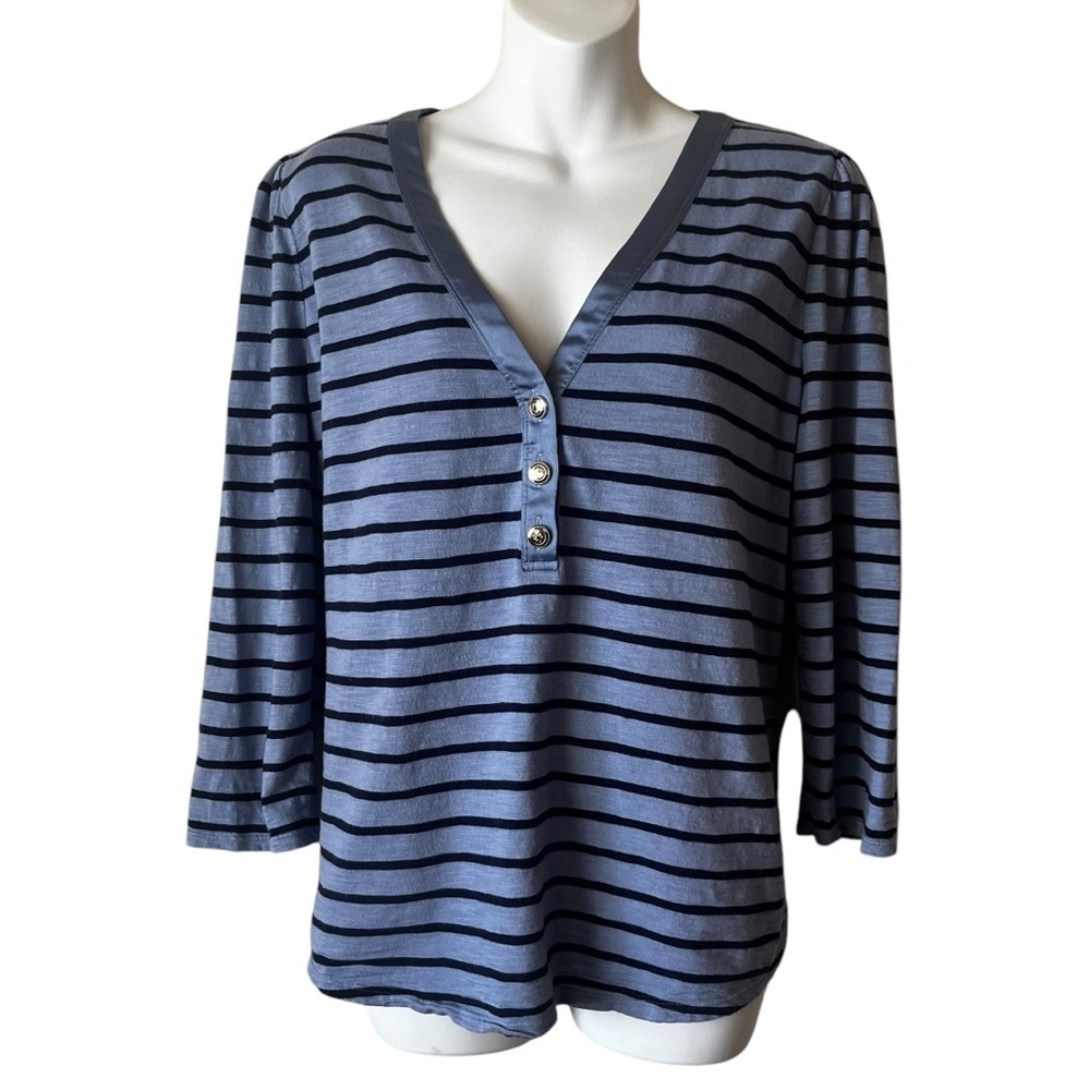 White House Black Market Blue Striped Henley Size XL